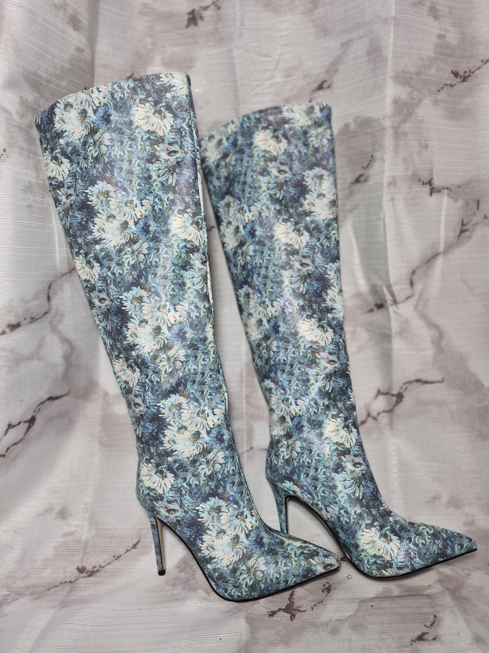 Floral Blue Knee-High Pointed Toe Stiletto Boots